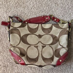 Coach Signature Canvas Shoulder Bag with Red Trim